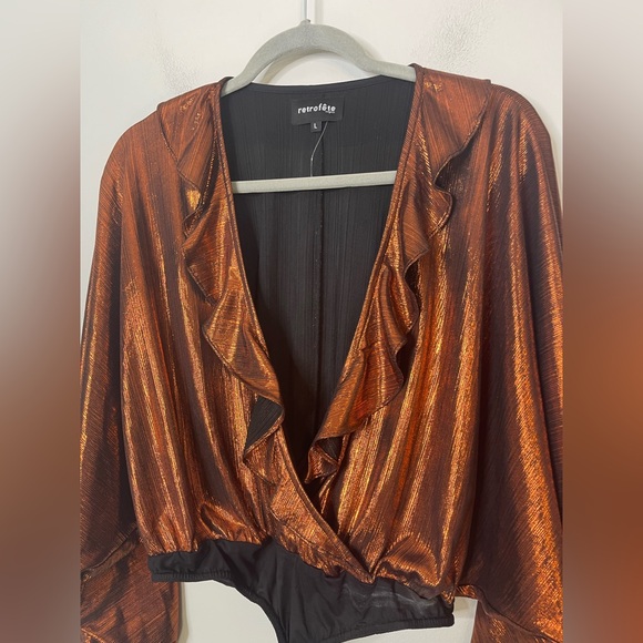 RETROFETE Fiona Metallic Ruffle Bodysuit Rust L $250 Plunge Puff Sleeve - Picture 5 of 10